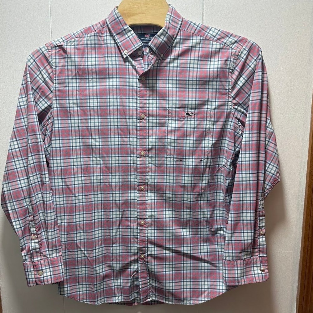 Vineyard Vines Performance Classic Fit Tucker Shirt‎ Men Size XL Pink Blue Plaid